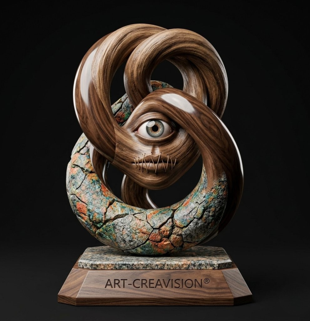 SPIRALE — Sculpture unique en Granit Panaché et Noyer Verni, étreinte éternelle, 440 €